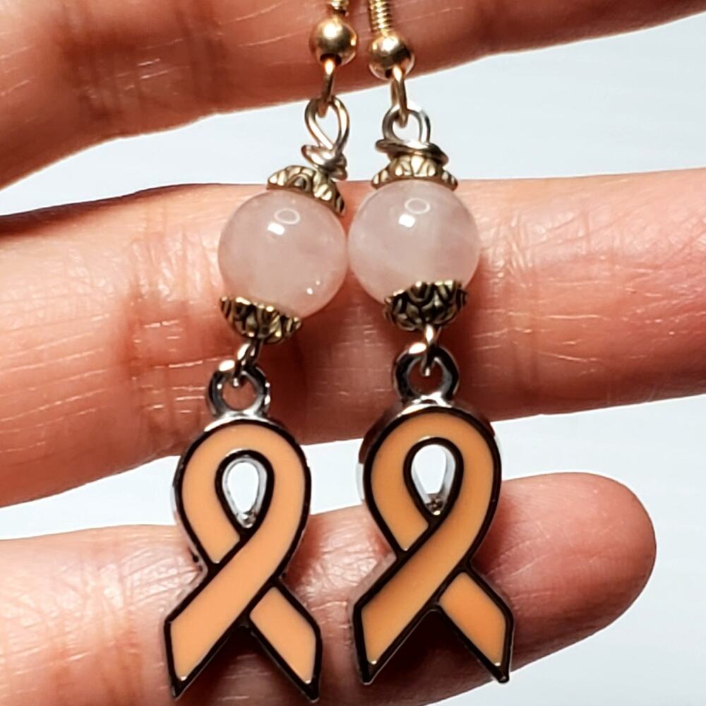 Rose Quartz Breast Cancer Awareness Earring Dangle Drop 2" Silver Tone Unsigned